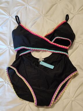 Popvil Black Cutout One-Piece Swimsuit with Neon Trim